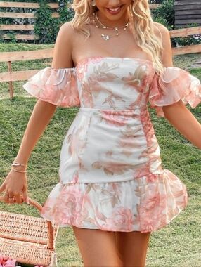 LUXXEL CHIFFON CREAM FLORAL DRESS WITH SUBTLE PINK & BEIGE FLOWERS